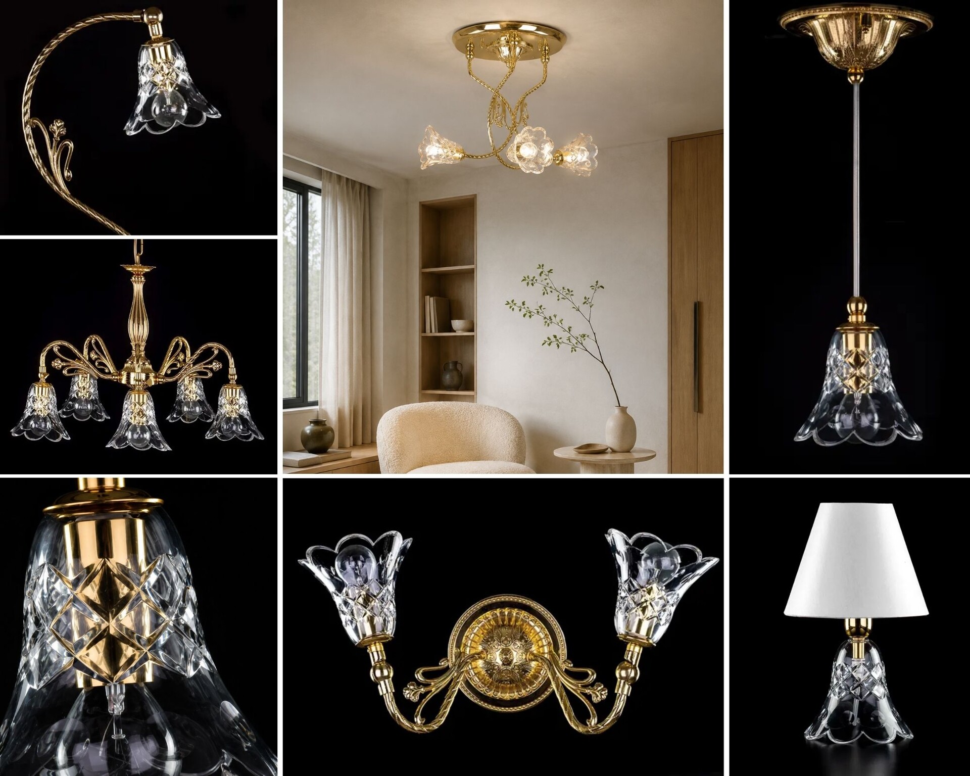 ArtCrystal Art Nouveau collection: chandelier, ceiling light and pendant with hand-cut crystal shades shaped like bellflowers