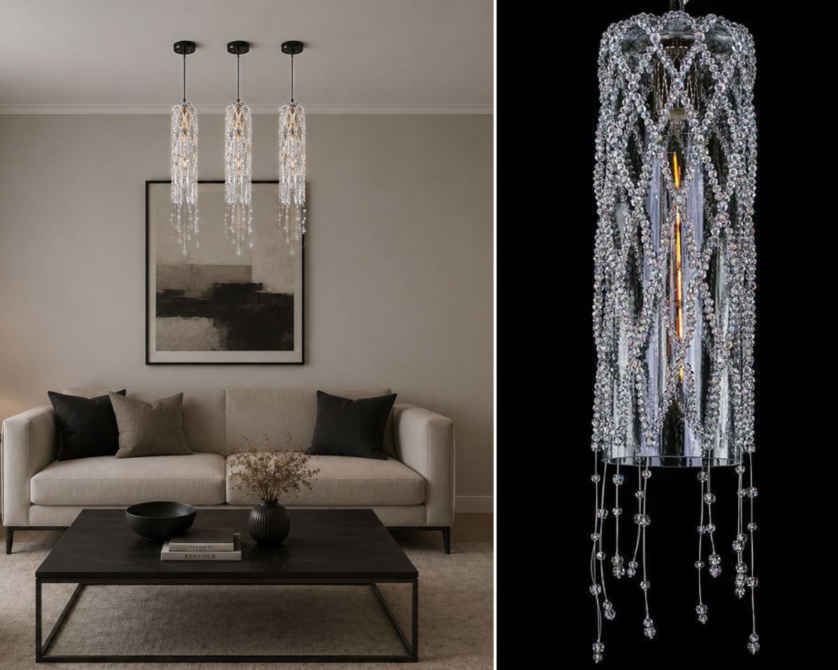 Modern crystal chandelier LV138 in an elegant living room, formal dining room or hotel lounge setting, where it stands out with its sparkle and distinctive design.