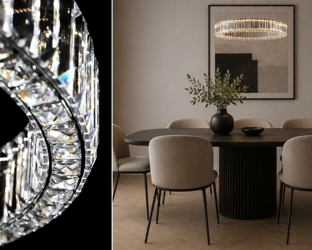 Modern ring chandelier above a round dining table, an elegant hoop pendant suitable for spacious interiors with the option of combining multiple rings of different diameters.   