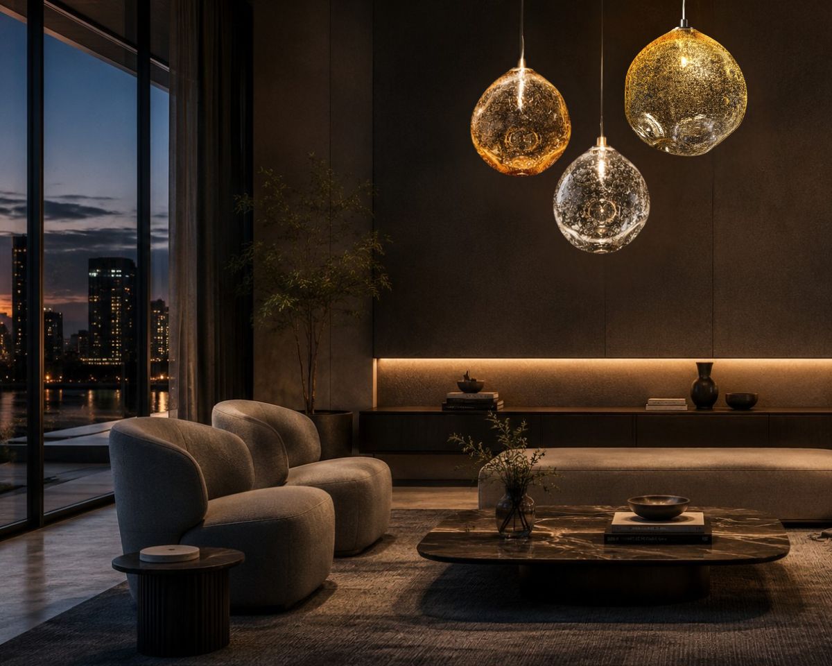 A design cluster of three EOR300 pendants made using a special glassblowing technique that makes every piece unique. An elegant composition of handcrafted glass for modern interiors.