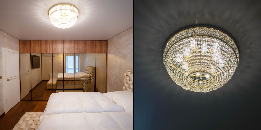 Cut crystal pendants refract the light into delicate shades, adding depth and elegance to the space.