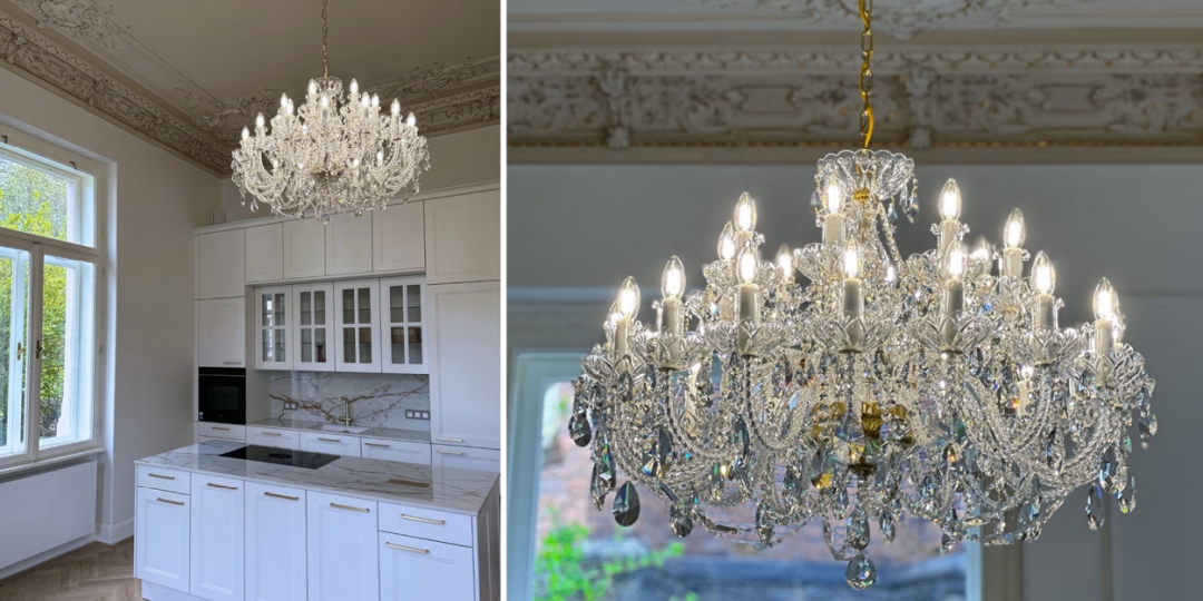 Crystal chandeliers and historic stucco in renovated house