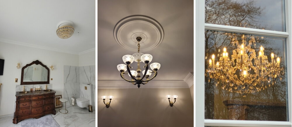 Ceiling light made of small crystal elements in a modern villa interior