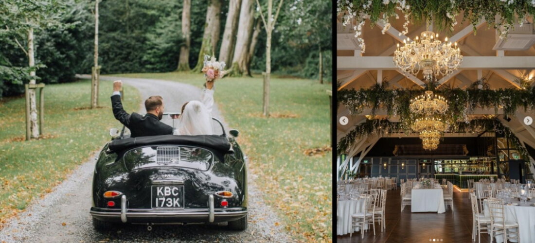 Wedding couple in car and hall with crystal chandeliers at The Old Rectory