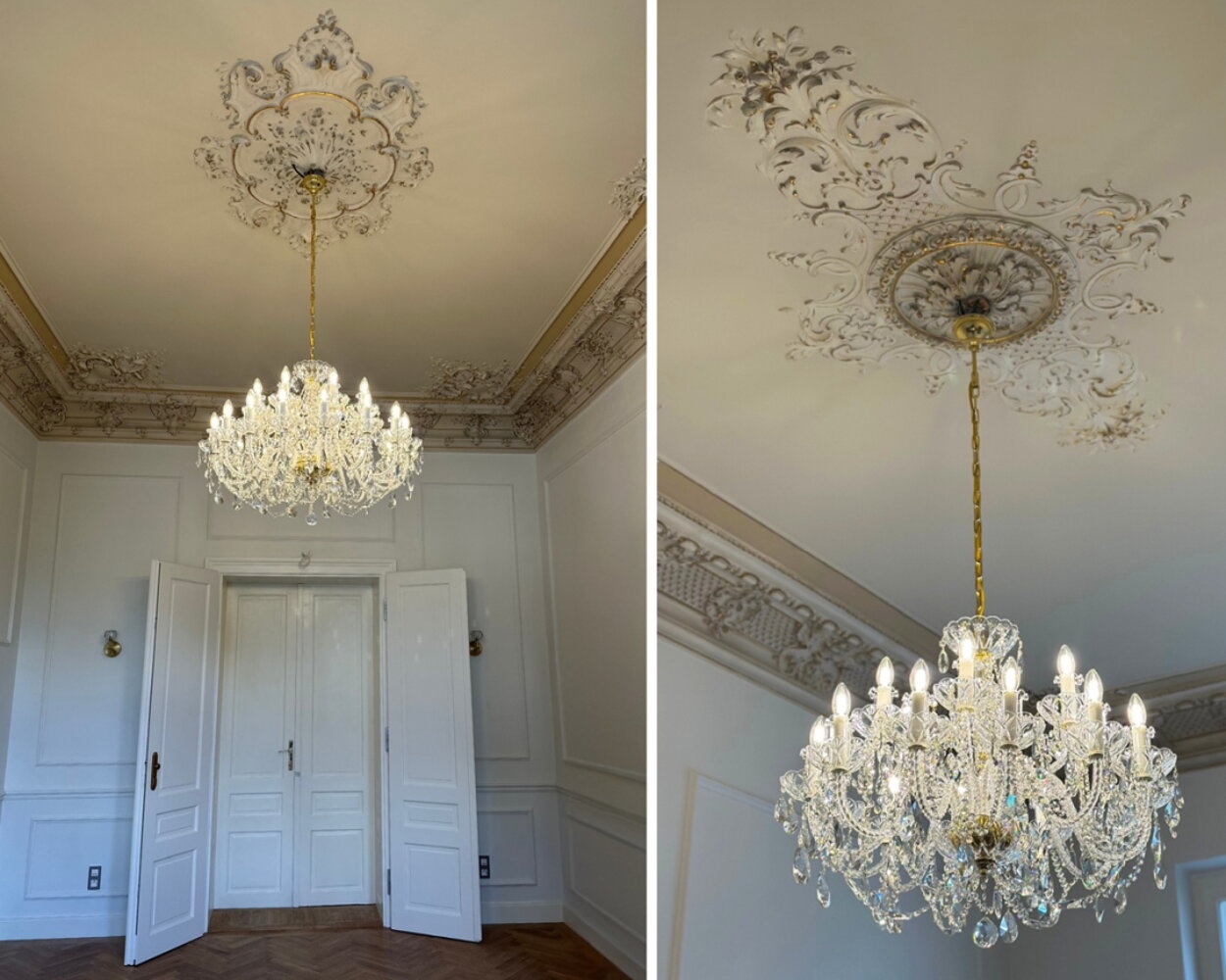 Crystal chandelier in Art Nouveau interior in Karlovy Vary
