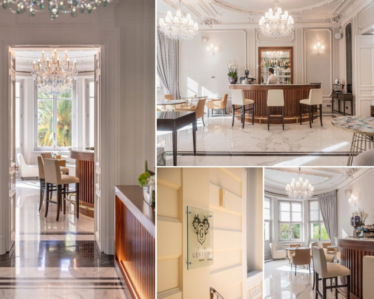 Crystal light fixtures with fabric shades creating a cozy atmosphere in the hotel bar