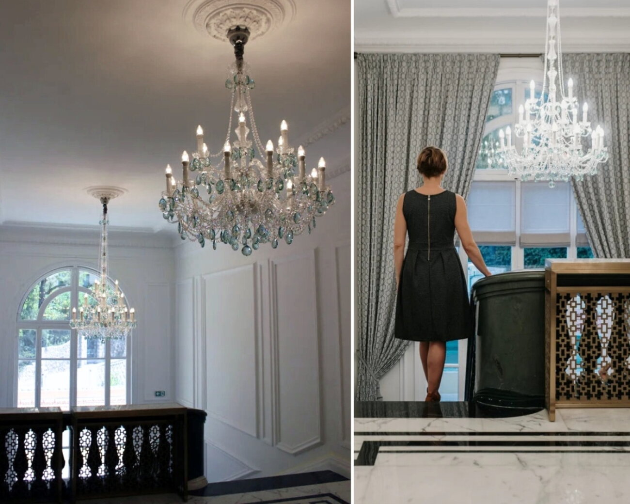 Hotel interior with striking crystal chandeliers enhancing the elegance of the space