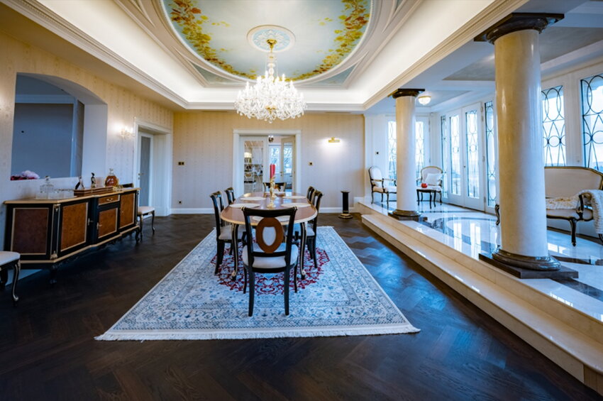 Custom crystal chandelier in the dining room of a Prague villa – view from another angle