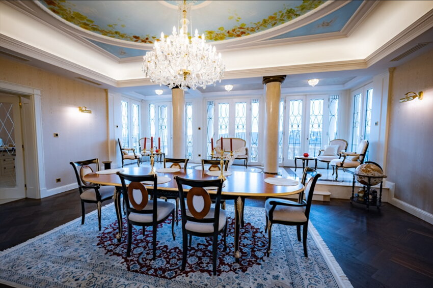 Custom crystal chandelier in the dining room of a luxury villa in Prague