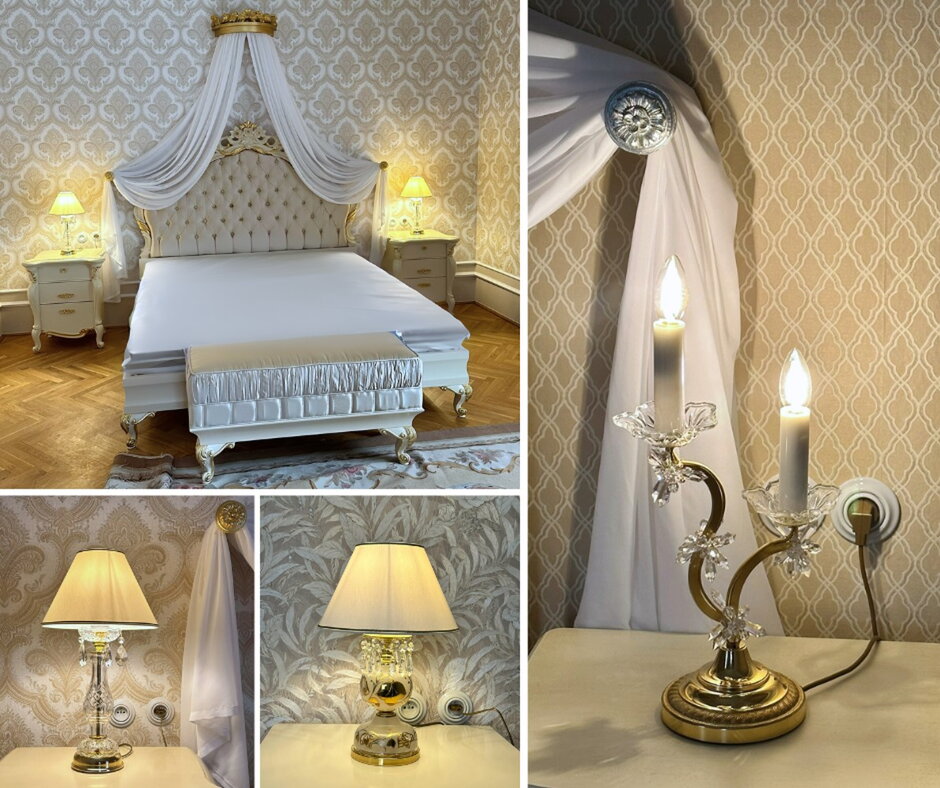 Luxury castle bedroom with an upholstered bed and crystal table lamps