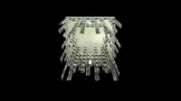 Square designer chandelier with a cascade of cut crystal prisms photographed from below on black background