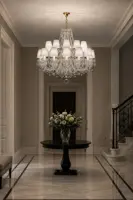 Crystal chandelier in an entrance hall with marble floor