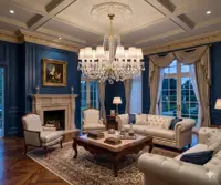 Crystal chandelier in a luxury salon with a fireplace