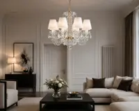 Crystal chandelier with white shades in a luxury living room