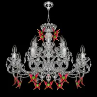 Designer crystal chandelier with coloured butterfly pendants in silver finish on black background