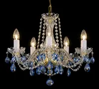 Illuminated crystal chandelier with six arms and blue pendants in gold finish