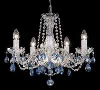 Illuminated crystal chandelier with six arms and coloured pendants in silver finish on black background