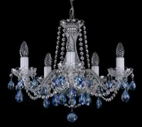 Crystal chandelier with six arms and blue almond-shaped pendants in silver finish on black background