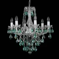 Crystal chandelier with six arms and green almond-shaped pendants on black background