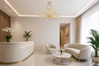 Crystal chandelier above a round coffee table in a modern living room