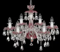Crystal chandelier with six arms and pink pendants in silver finish on black background