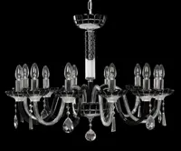 Glass chandelier with twelve arms in silver finish on black background