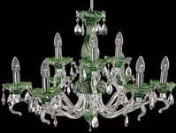 Crystal chandelier with nine arms and green cup-shaped elements in silver finish on black background