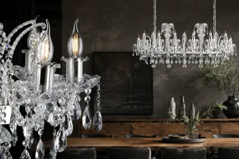 Industrial chandelier: the contrast of steel and cut glass